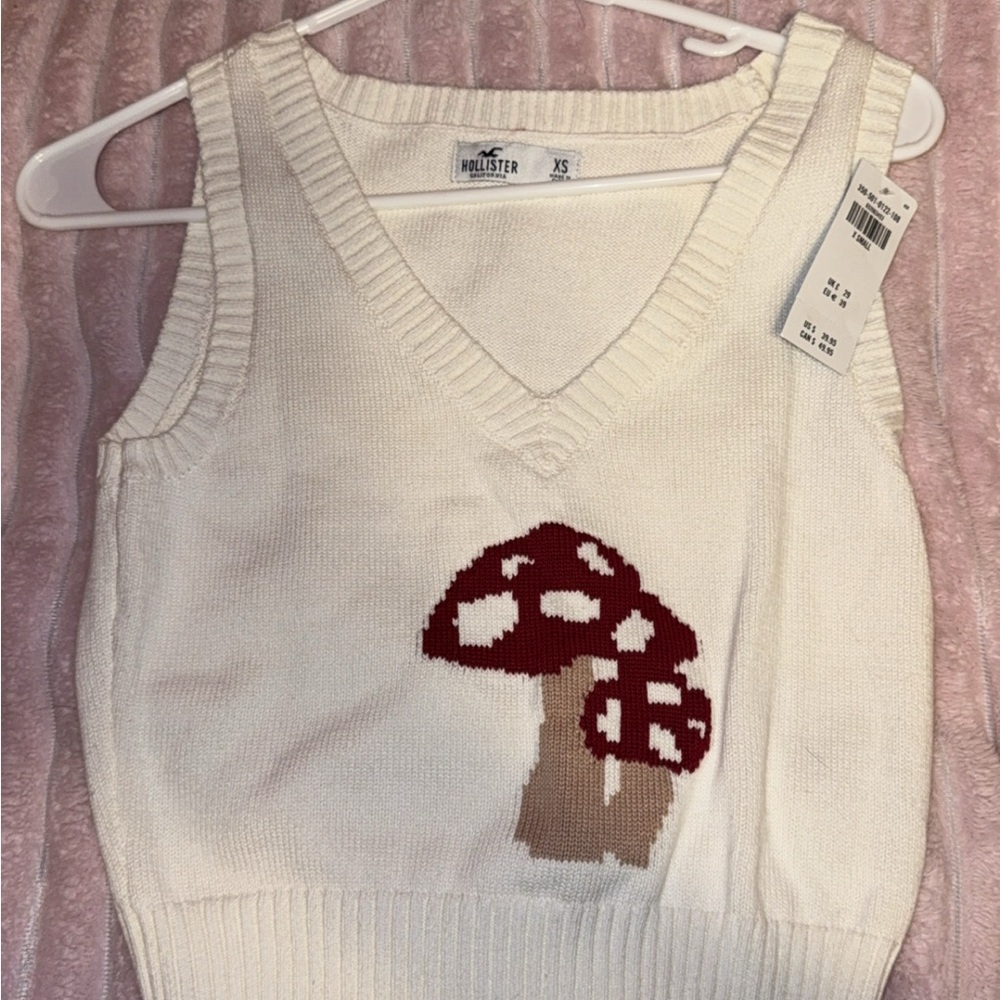Hollister White Sweater Vest with Red Mushroom Design